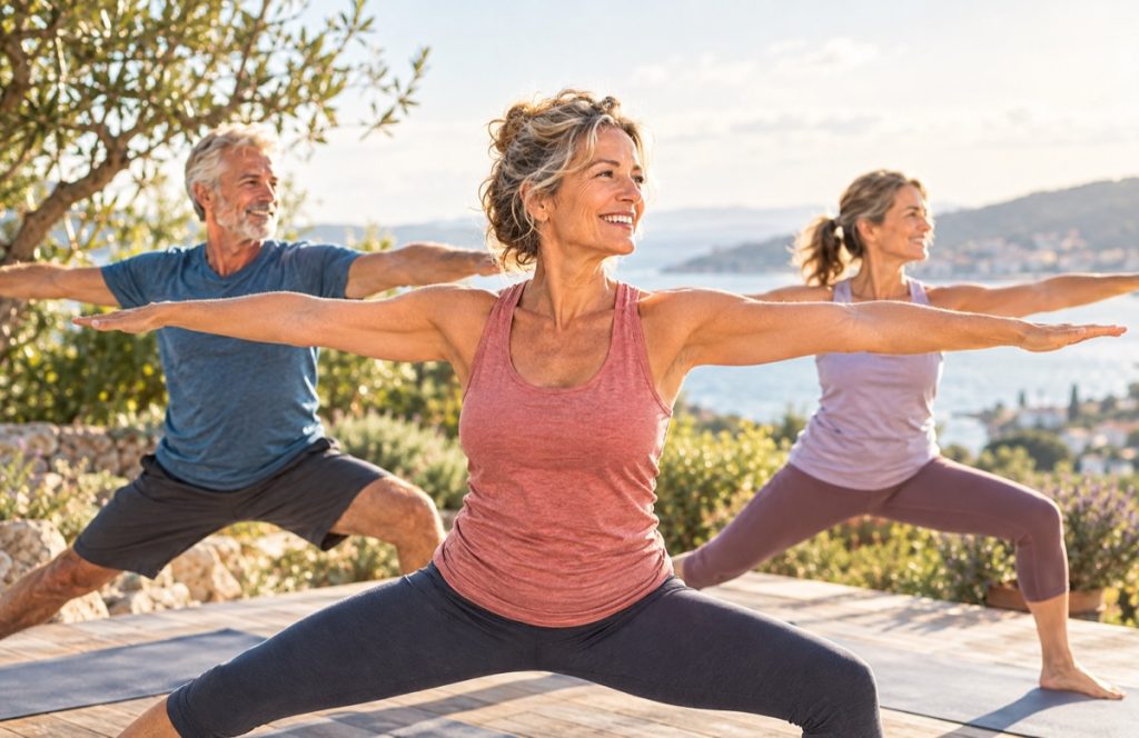 Drei Menschen um die 60 machen Yoga auf einer Terrasse am Meer