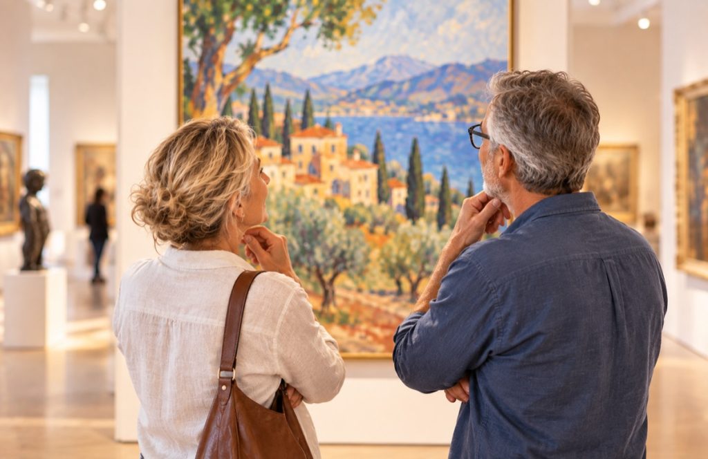 Paar betrachtet von hinten ein großes Landschaftsgemälde in einem hellen Museum