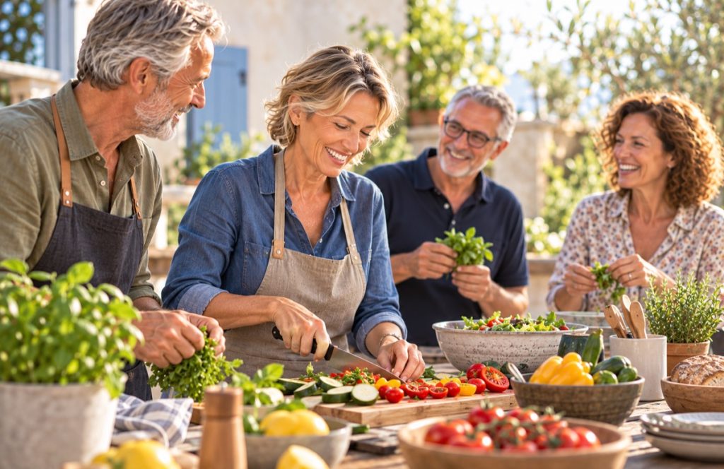 Vier Freunde kochen gemeinsam mit frischem Gemüse im Freien