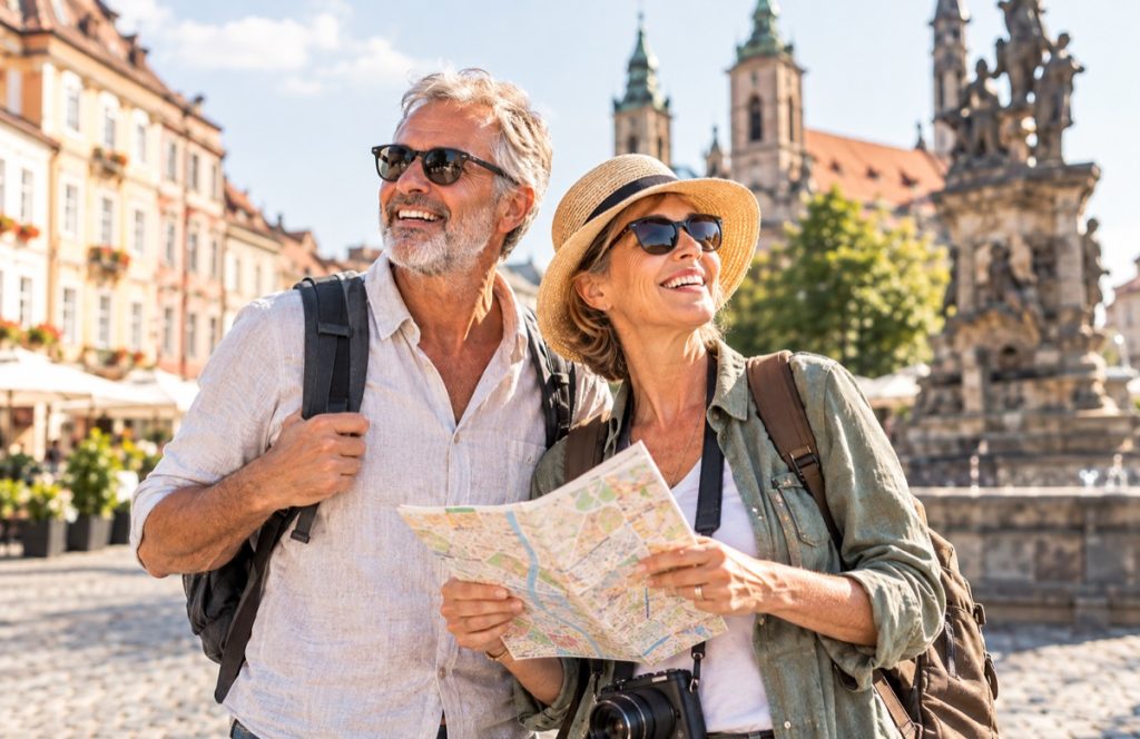 Paar mit Rucksack und Stadtplan auf einem Altstadtplatz