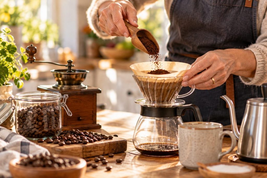 Hände füllen frisch gemahlenen Kaffee in einen Handfilter, daneben Kaffeebohnen, eine Kaffeemühle und ein Wasserkessel.