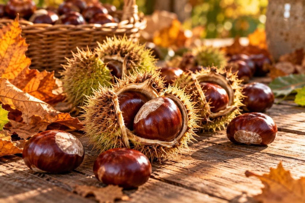 Nahaufnahme von geöffneten, stacheligen Kastanienschalen und glänzenden Kastanien auf einem Holztisch mit Herbstlaub.