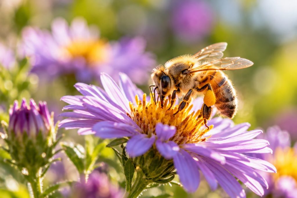 Nahaufnahme einer Honigbiene, die auf einer lila Blüte Nektar sammelt.