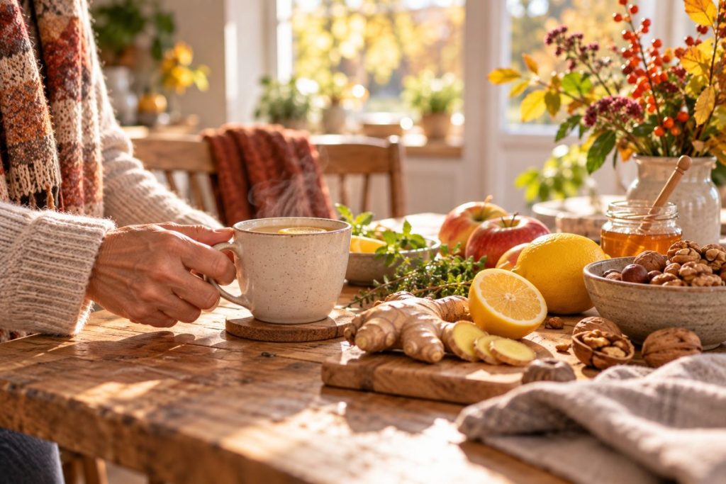 Eine Hand greift auf einem Holztisch nach einer Tasse Tee, daneben Ingwer, Zitronen, Äpfel und Nüsse im Herbstlicht.