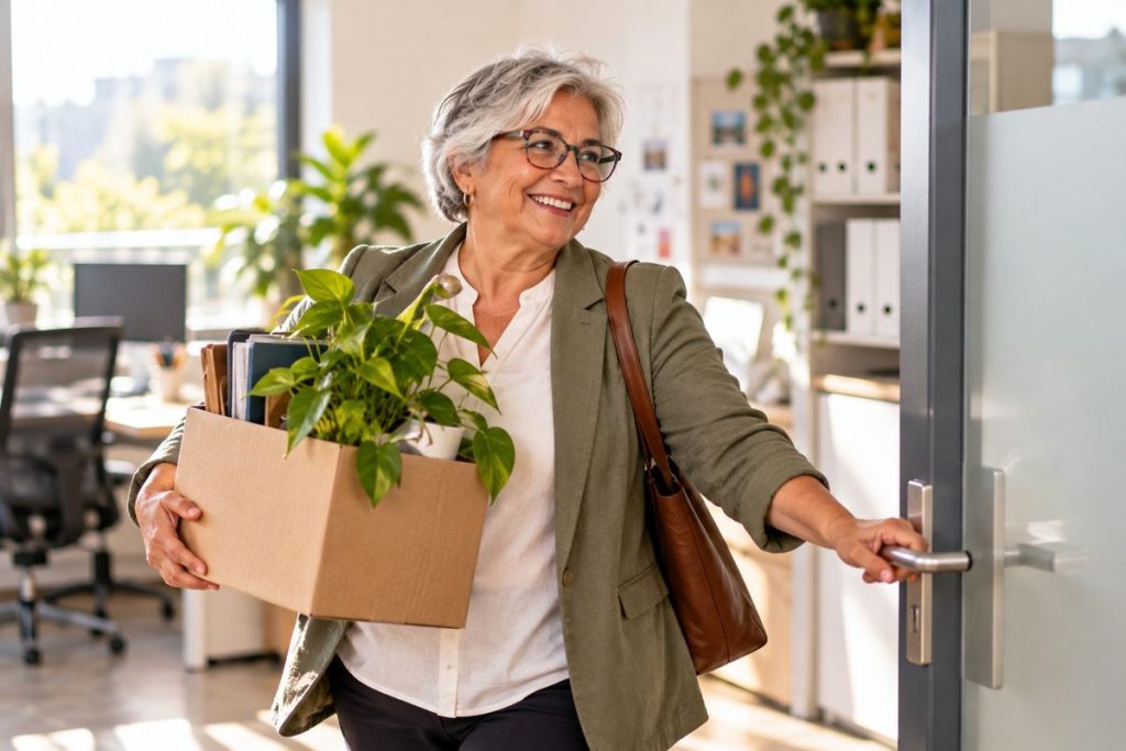 Eine lächelnde Frau um die 60 verlässt mit einem Karton voller Ordner und einer Pflanze ihr Büro – der letzte Arbeitstag.