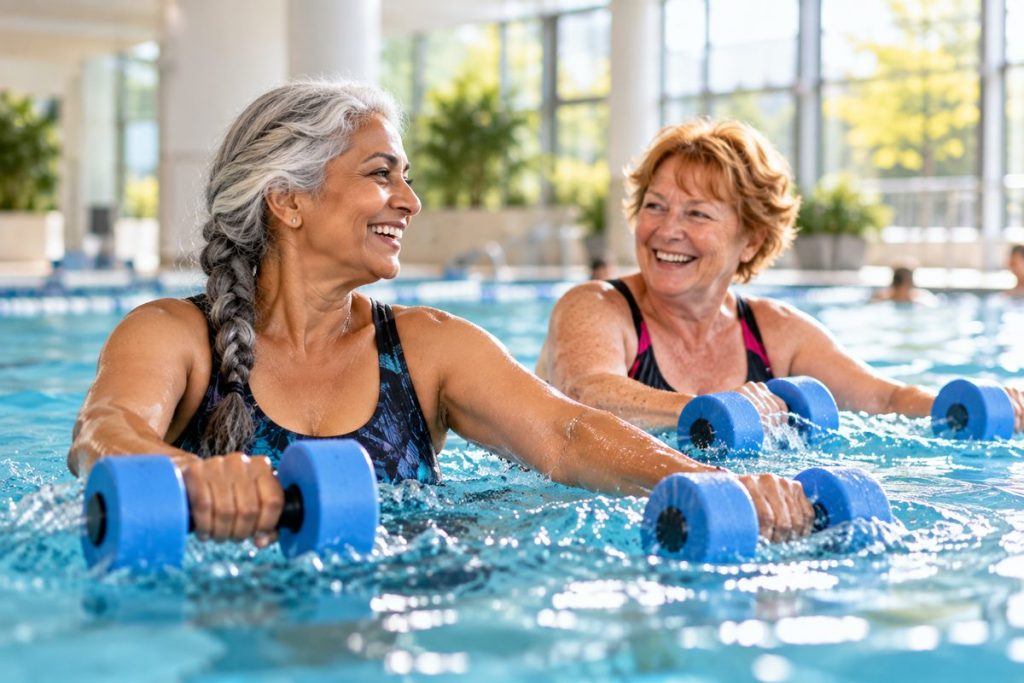 Zwei lachende Frauen um die 65 machen mit Schaumstoff-Hanteln Wassergymnastik in einem hellen Hallenbad.