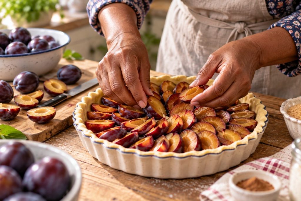 Hände einer Frau legen halbierte Zwetschgen in eine Tarteform mit Teig.