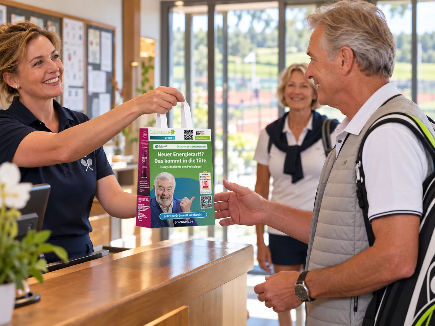 Eine Mitarbeiterin an der Clubrezeption überreicht einem Tennisspieler die Glückstüte® SPORT